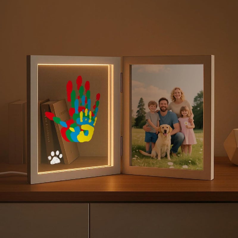 Sortnic Family Handprint Kit with Light, DIY Baby Handprint Photo Keepsake Wooden Frame for 4, Ideas Craft Gifts for New Mom, New Parents with 5 Non-Toxic Baby Safe Paints, Anniversary, Christmas - Image 1